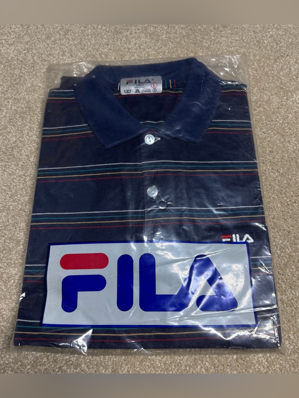 NEW Vintage 80s FILA Tennis Polo Shirt Men Large Blue Rare Deadstock Striped NOS